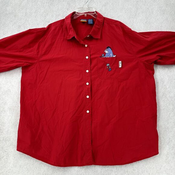Pooh Disney Blouse‎ 26W/28W Embroidered Eeyore Red Button Shirt Top 3/4 Sleeve - Picture 3 of 9